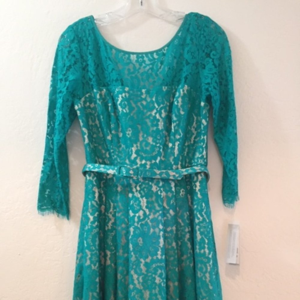 Eliza J Teal Fit & Flare Lace Belted Dress Zipper